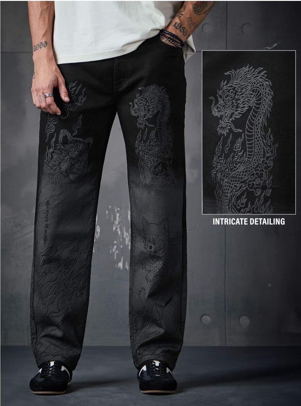 Mythic Tokyo: Dragon & Kitsune Black Ombre Denim Jeans