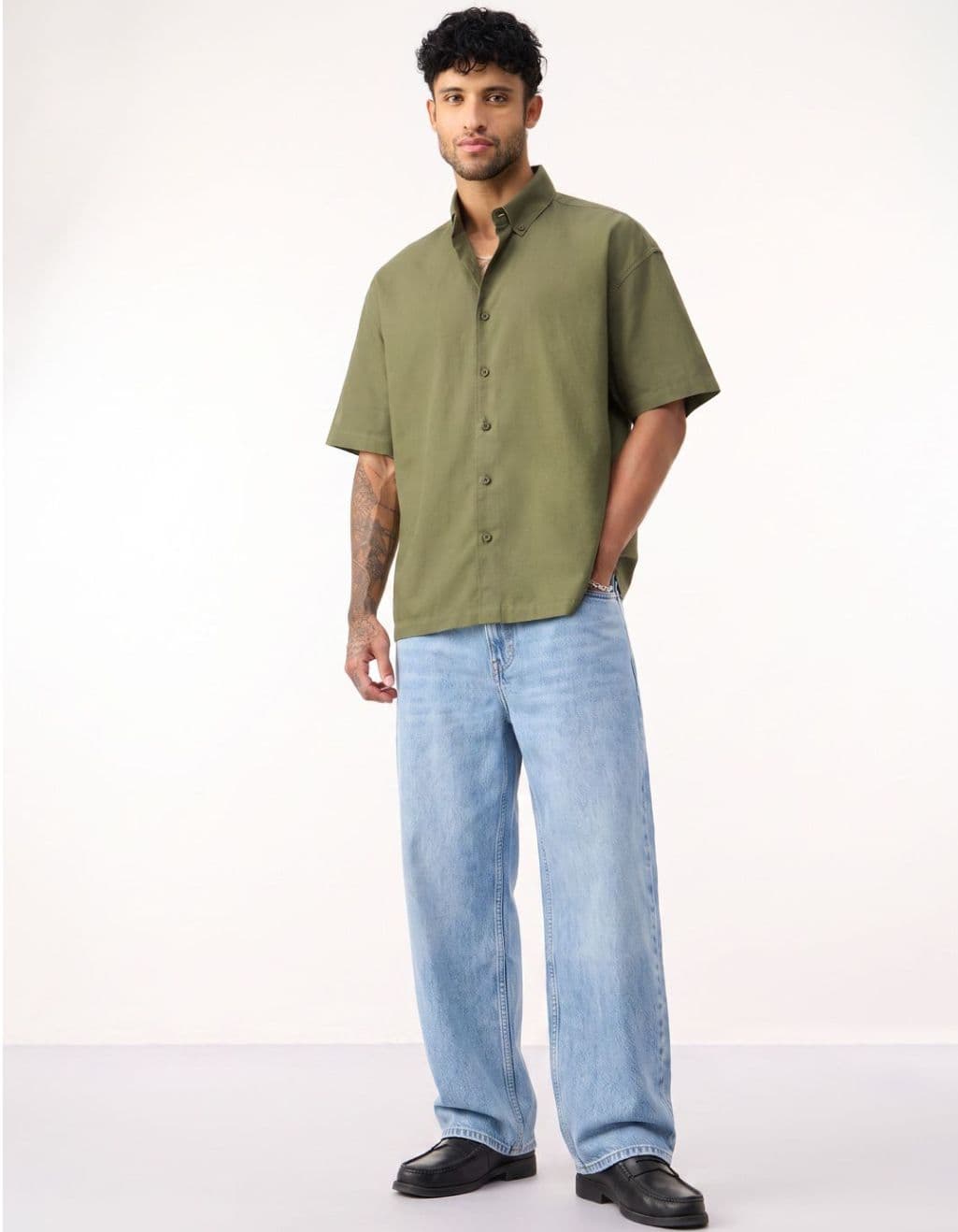 Olive Green Linen-Blend Oversized Summer Shirt